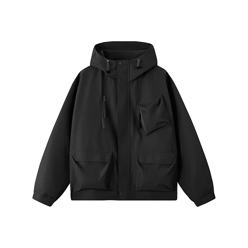 多口袋戶外衝鋒衣外套女純色連帽夾克高級感風衣情侶登山服