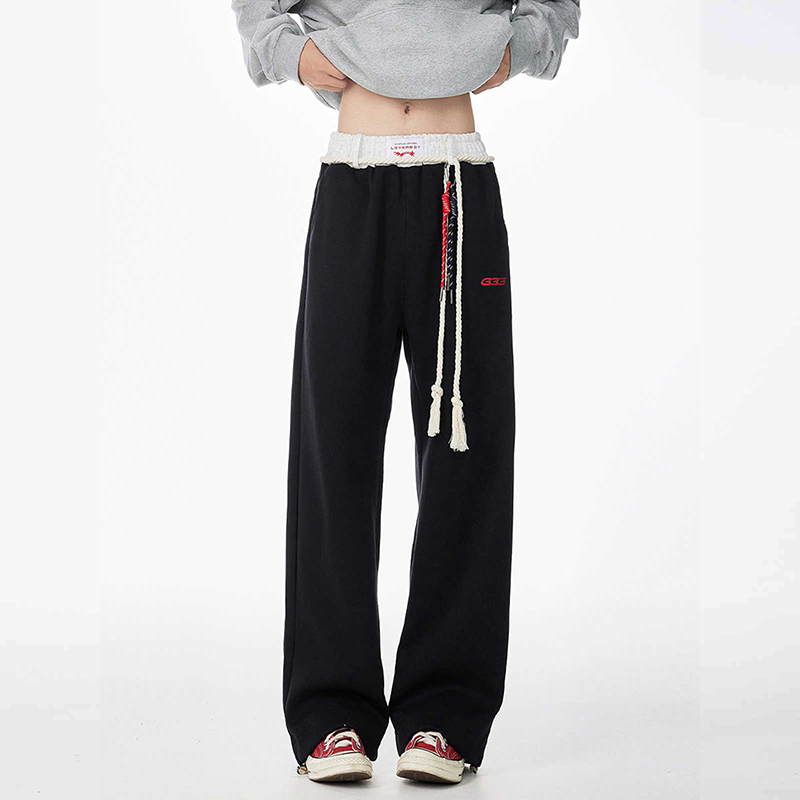 美式復古嘻哈綁帶運動褲寬鬆闊腿衛褲情侶垂感直筒休閒褲