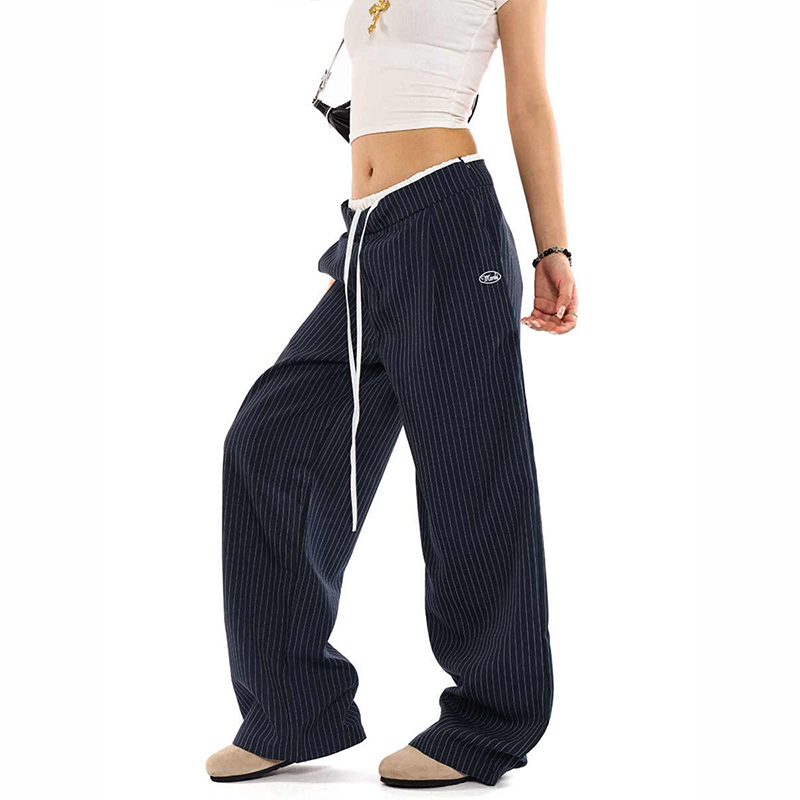 美式復古拼接雙腰頭假兩件條紋西裝褲女寬鬆休閒長褲