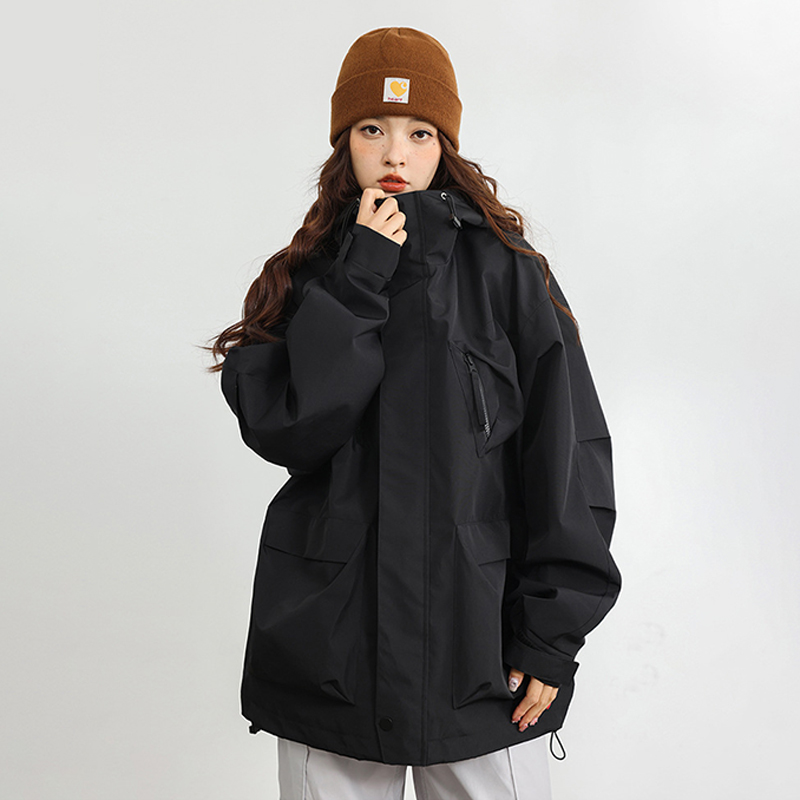 多口袋戶外衝鋒衣外套女純色連帽夾克高級感風衣情侶登山服