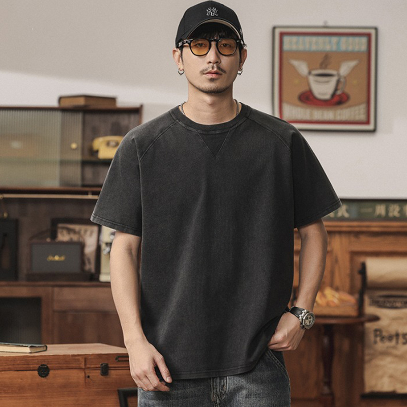 復古水洗做舊純棉男士短袖T卹夏季潮流寬鬆套頭休閒上衣