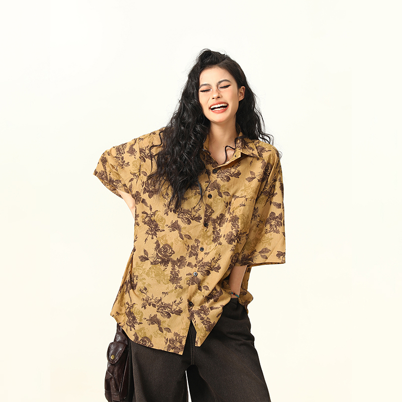 古著感花卉短袖襯衫女美式個性寬鬆潮牌夏季襯衣