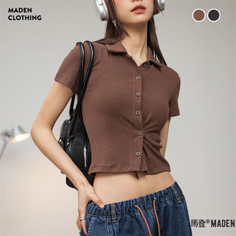 馬登女裝 復古Polo領短袖修身短款正肩針織開衫辣妹露腰顯瘦上衣夏