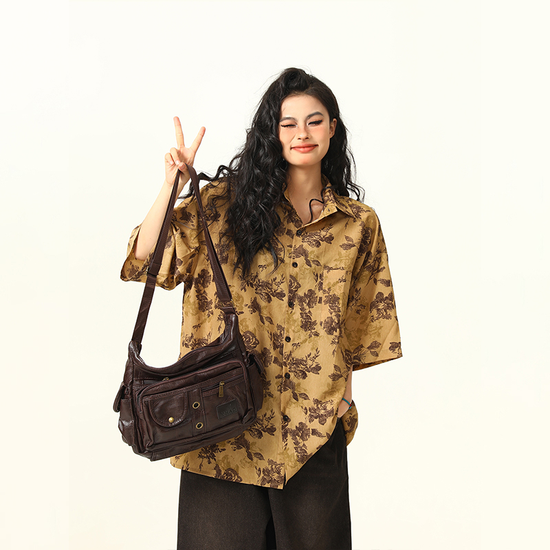 古著感花卉短袖襯衫女美式個性寬鬆潮牌夏季襯衣