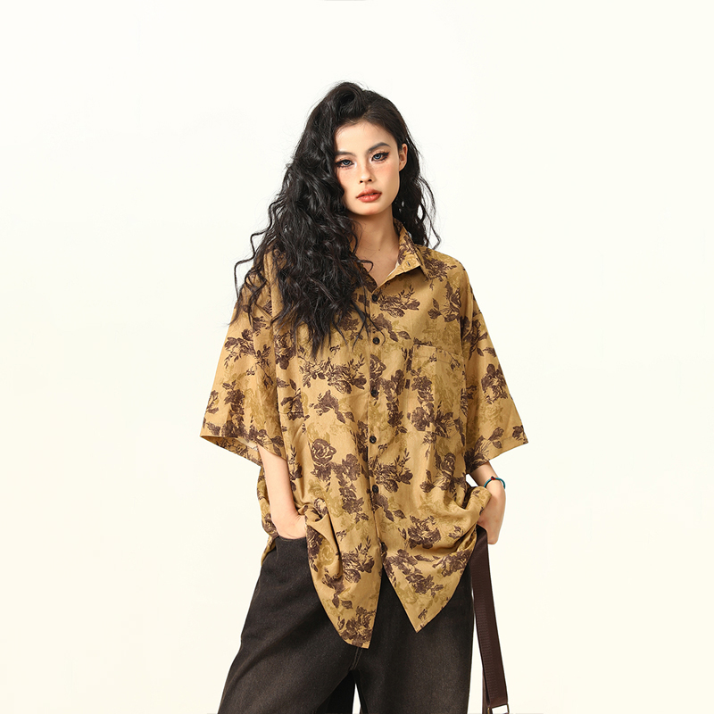 古著感花卉短袖襯衫女美式個性寬鬆潮牌夏季襯衣
