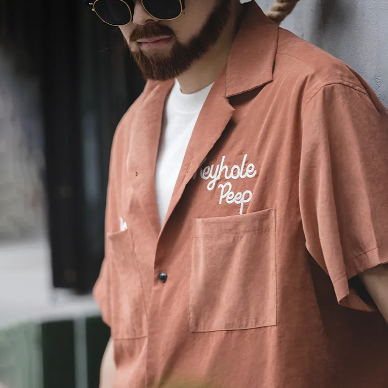 馬登工裝 美式復古桃皮絨古巴領短袖襯衫阿美咔嘰春夏寬鬆襯衣