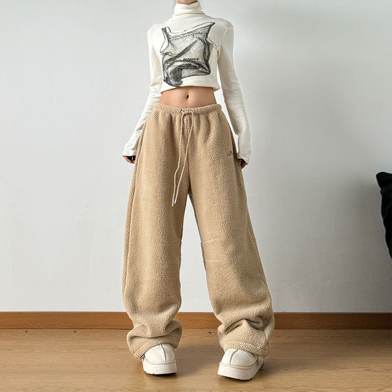 搖粒絨褲子女冬季加絨加厚休閒保暖鬆緊腰抽繩長褲