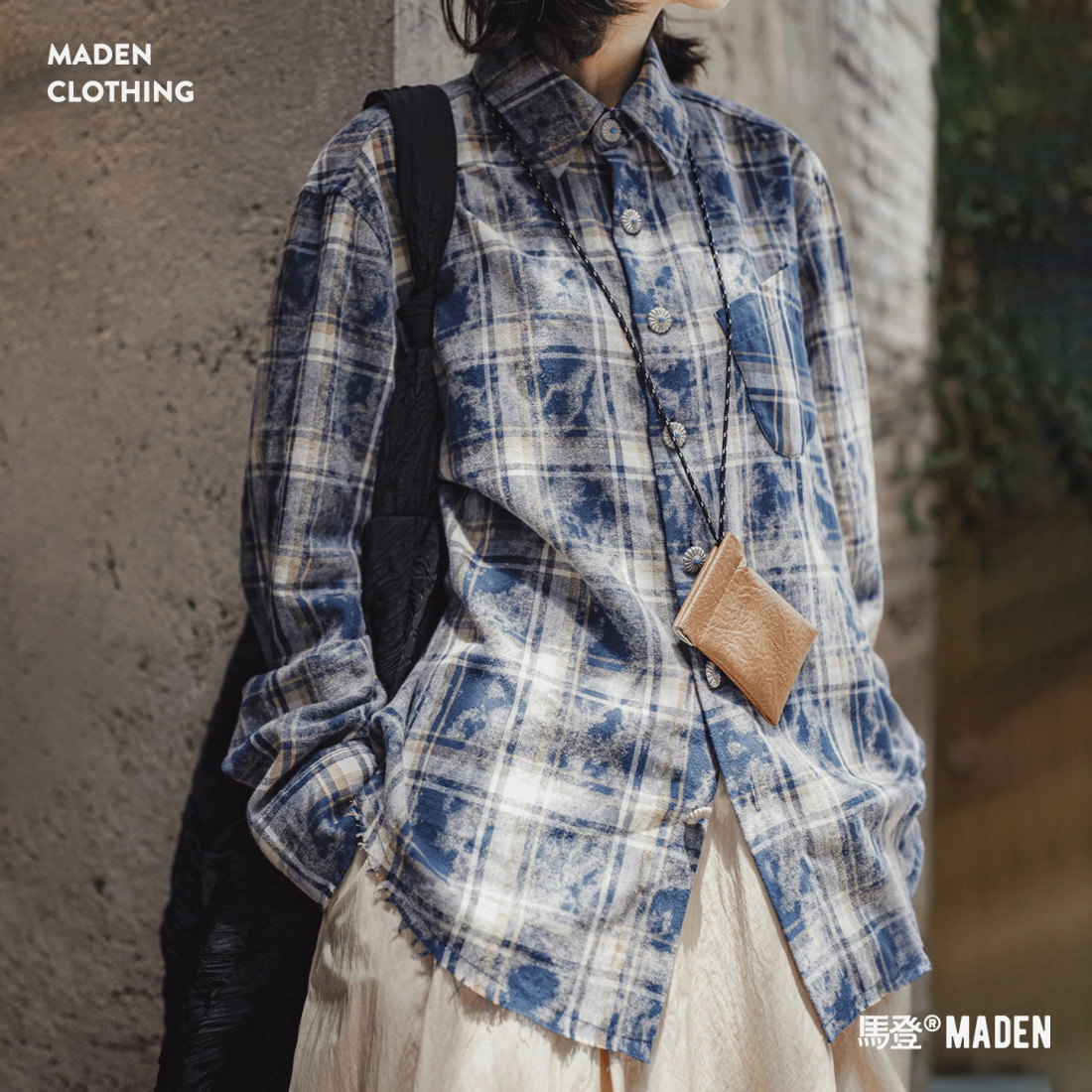 馬登女裝 美式復古藏青色格子紋翻領寬鬆磨毛長袖休閒襯衫上衣外套秋季