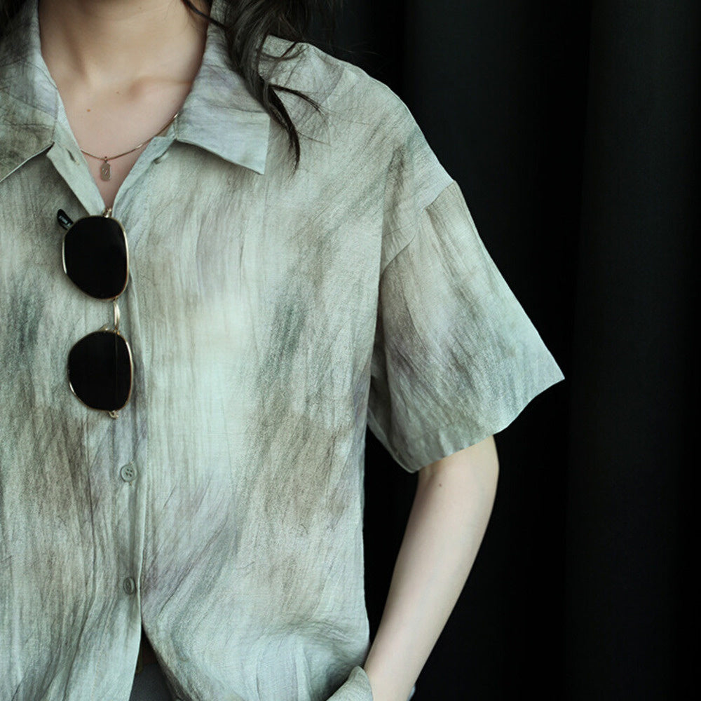 素描氣質襯衣簡約復古設計感短袖襯衫女夏季印花時尚上衣