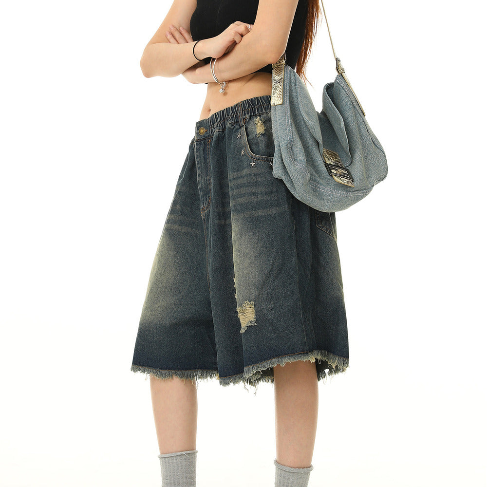 美式復古水洗破洞牛仔短褲女鬆緊腰寬鬆百搭闊腿五分褲