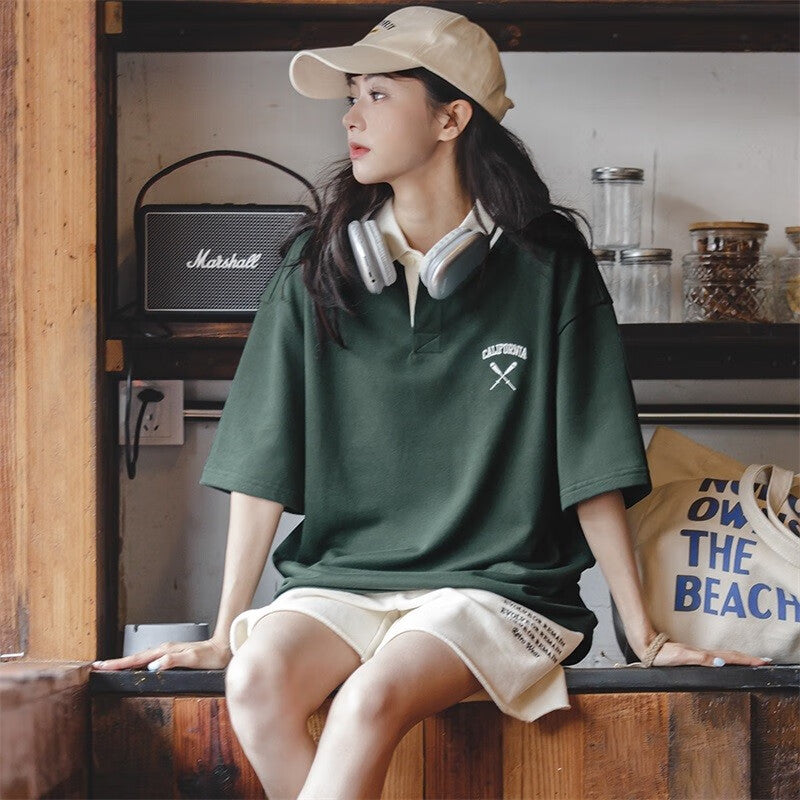 馬登女裝 美式復古翻領短袖學院風寬鬆Polo打底衫T恤