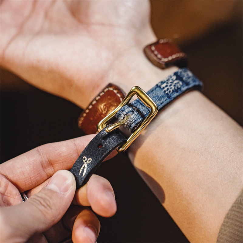 馬登工裝 復古Boro百家布拼接手環飾品黃銅頭層植鞣牛皮手鐲配飾