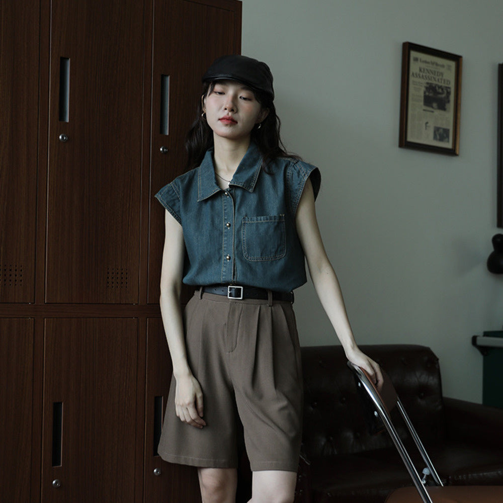 牛仔深藍色百搭簡約氣質復古設計感無袖襯衫女時尚上衣