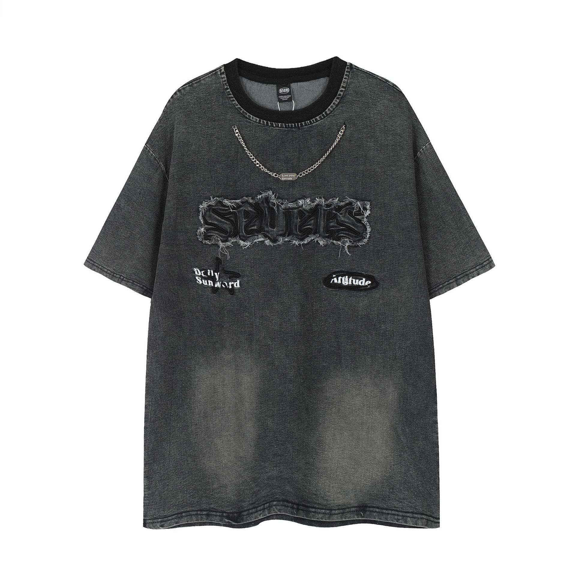 美式復古貼布繡水洗做舊牛仔T恤小眾鏈條設計感寬鬆情侶上衣