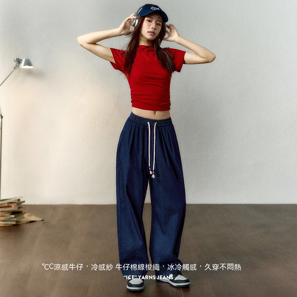 馬登女裝 冰絲牛仔褲鬆緊腰抽繩凉感直筒褲氣質顯瘦長褲