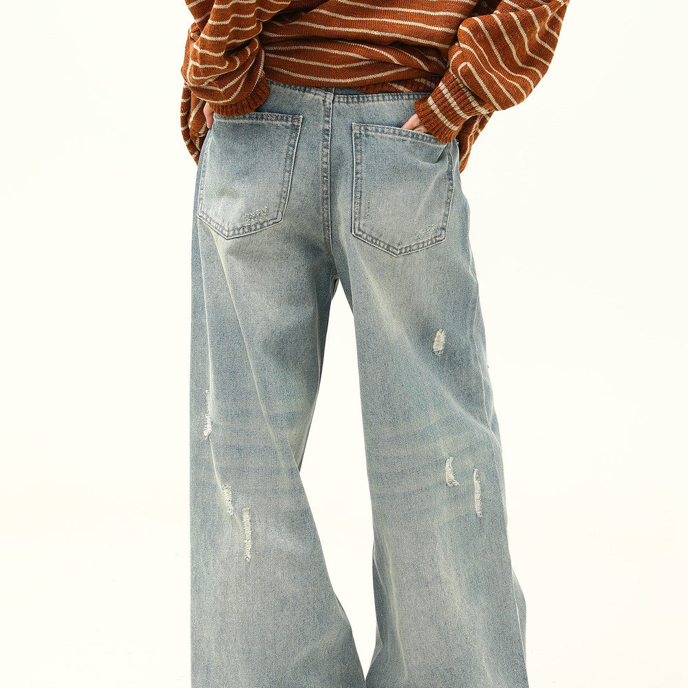 美式復古做舊磨破設計感情侶牛仔褲寬鬆闊腿拖地老爹褲子