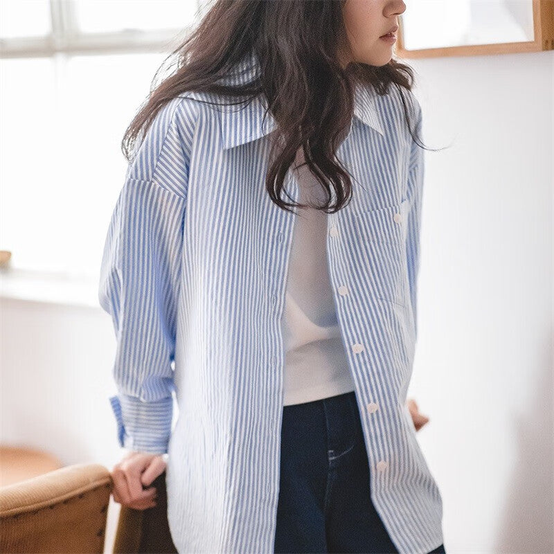 馬登女裝 法式經典藍白條紋襯衫寬鬆休閒開衫襯衣外套