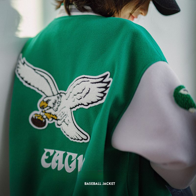 馬登女裝 美式撞色拼接棒球服外套復古休閒毛呢夾克刺繡厚短上衣秋冬