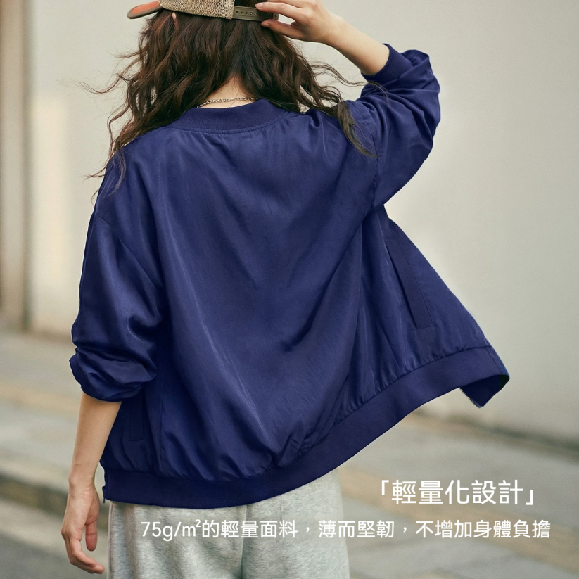 馬登女裝 深藍色美式復古輕薄款飛行員夾克棒球立領休閒工裝外套女士春