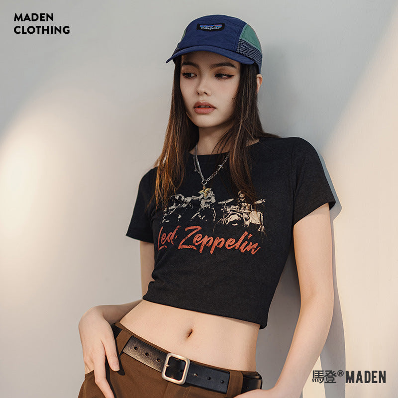 馬登女裝 美式復古圓領印花短袖修身正肩T恤辣妹短款休閒百搭上衣夏