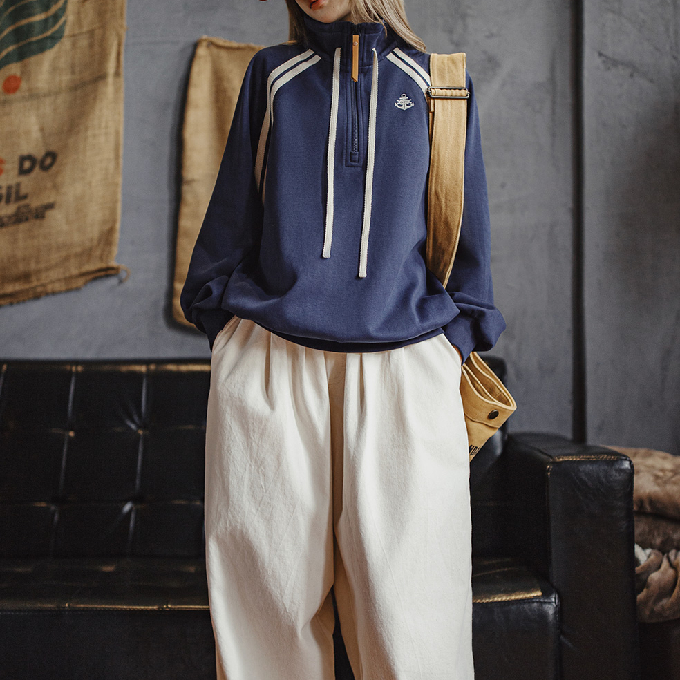 馬登女裝 美式復古學院風藏青色半拉鍊立翻高領套頭衛衣秋冬
