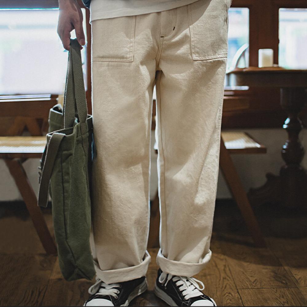 馬登工裝 復古棉籽殼米白色休閑牛仔褲耐磨寬松直筒長褲男春秋