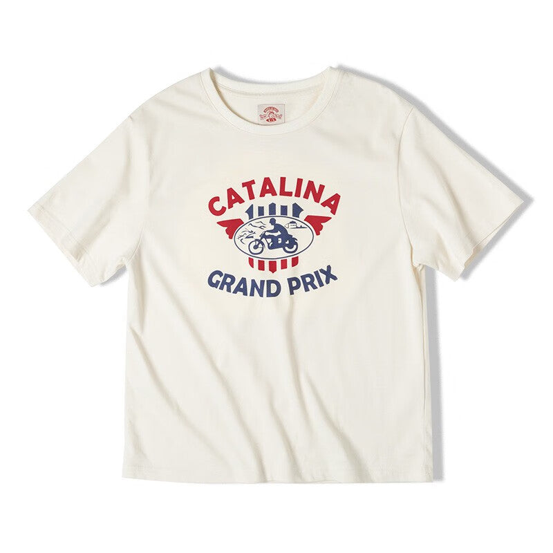 馬登女裝 美式復古印花短袖上衣重磅純棉正肩寬鬆設計感T恤