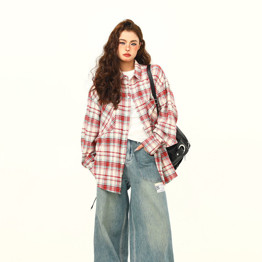 美式復古磨毛格紋長袖襯衫女秋季慵懶外穿格子寬鬆襯衣外套