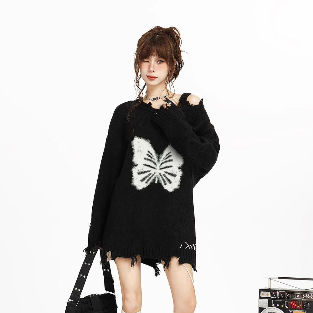 美式復古黑色露肩毛衣女秋冬季慵懶風oversize設計感針織衫