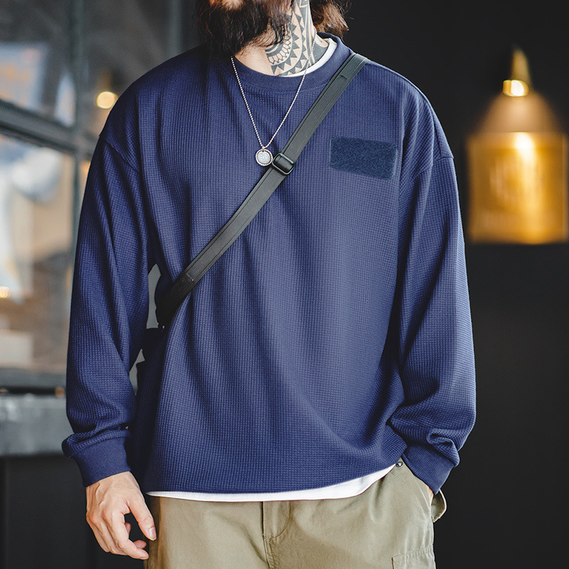 馬登工裝 美式休閒華夫格長袖Tee圓領魔術貼疊穿衛衣