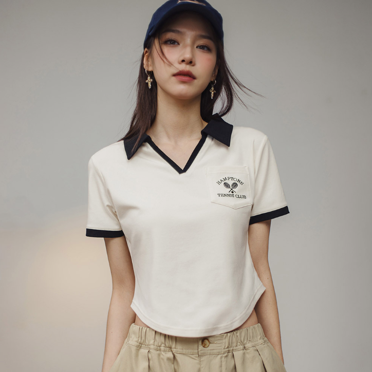 馬登女裝 復古刺繡V領Polo衫修身顯瘦口袋T恤小眾設計感撞色上衣