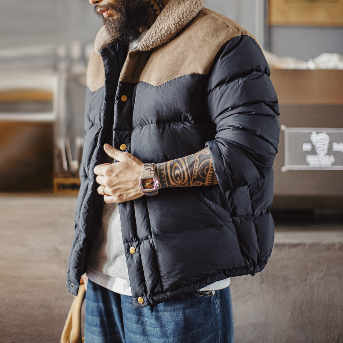 馬登工裝 美式復古撞色絨領90白鴨絨羽絨服翻領保暖夾克外套秋冬