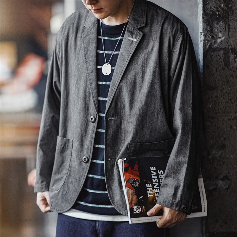 馬登工裝 美式休閒仿冰染西裝夾克平駁領寬鬆純棉單西服外套男秋季