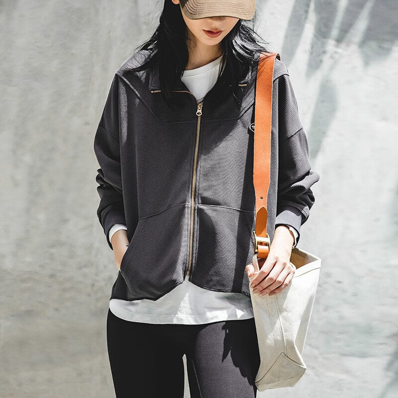 馬登女裝 鹽系寬鬆立領華夫格拉鍊外套休閒短款開衫上衣