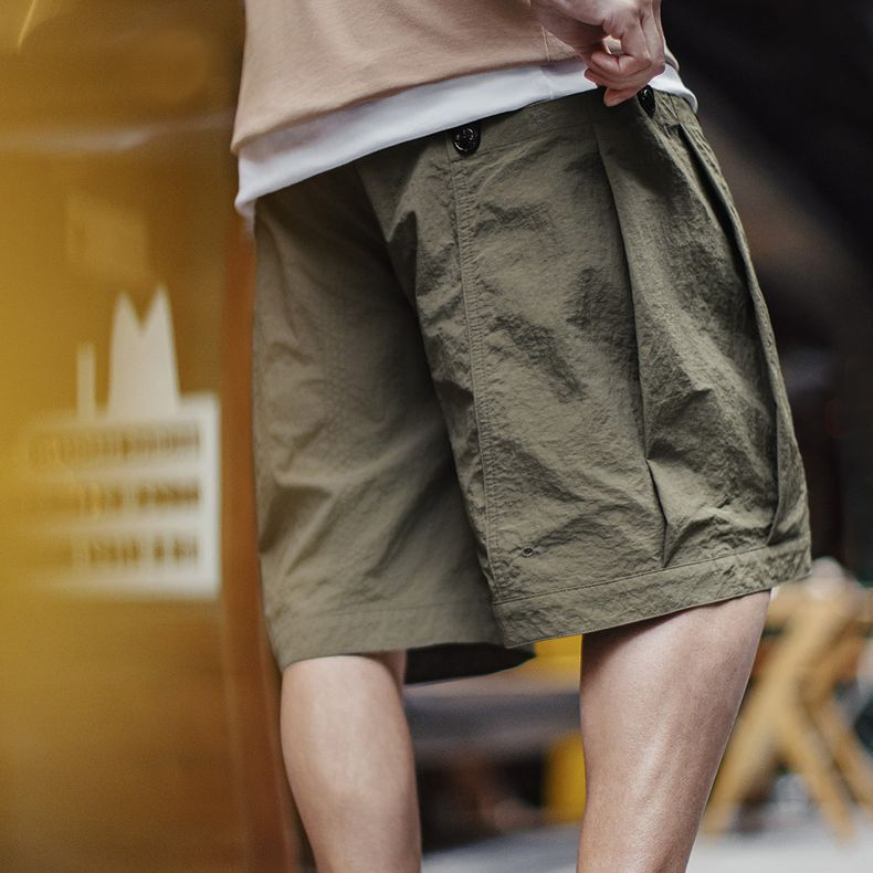 馬登工裝 美式復古風琴大口袋軍綠色短褲直筒梭織薄款五分褲夏季