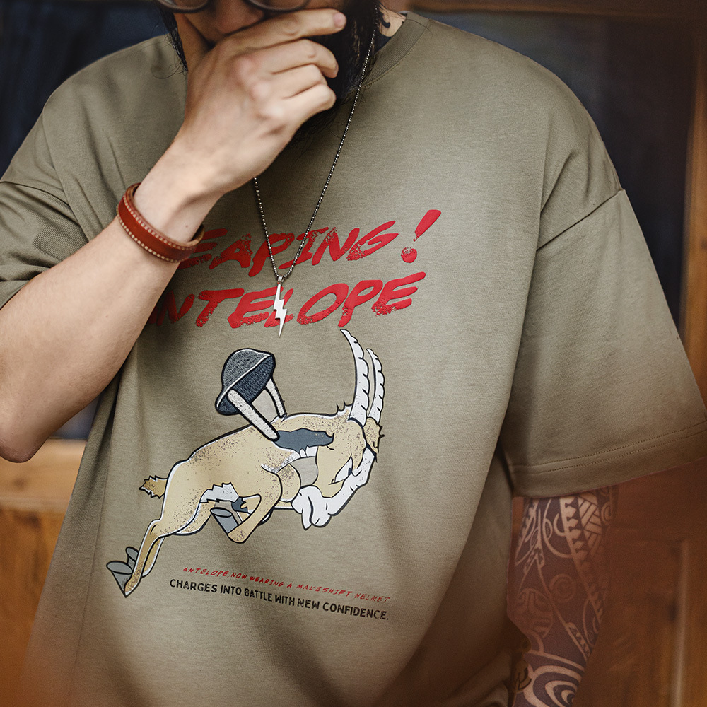 馬登工裝 美式復古立體刺繡T恤發泡印花重磅螺紋領口短袖男春夏