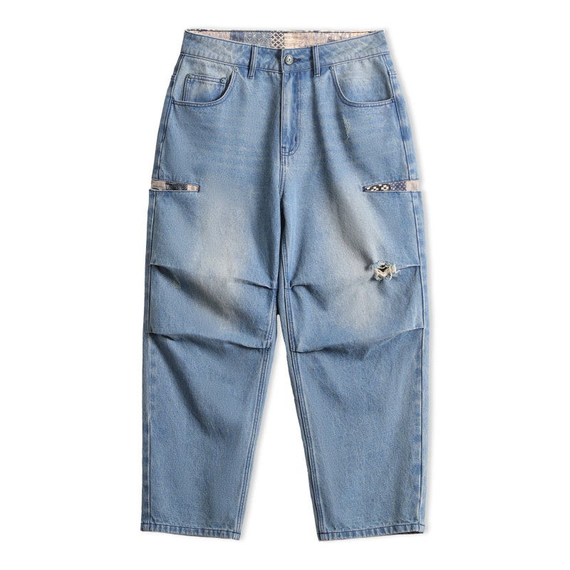 馬登工裝 美式復古闊腿寬松傘兵牛仔褲古布水洗破洞休閒褲男春