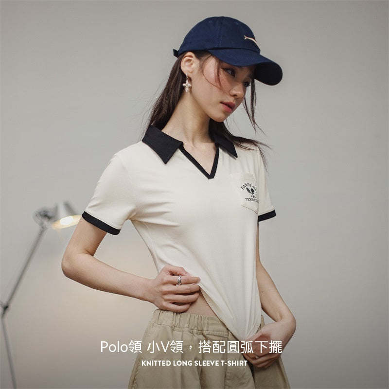馬登女裝 復古刺繡V領Polo衫修身顯瘦口袋T恤小眾設計感撞色上衣