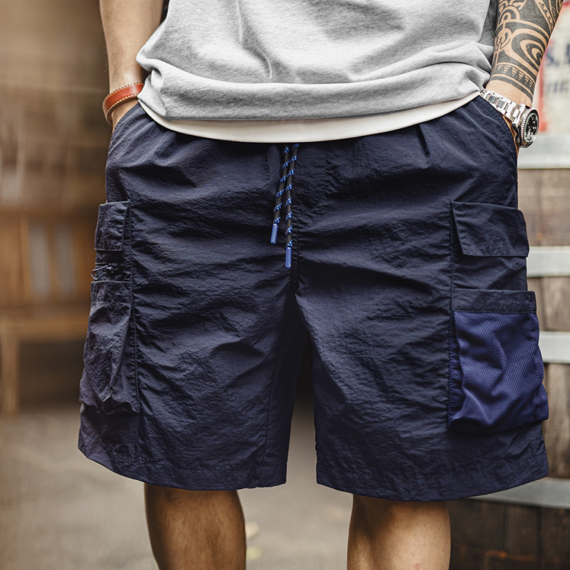 馬登工裝 美式多口袋短褲速幹機能藏青色戶外輕薄款抽繩五分褲男夏