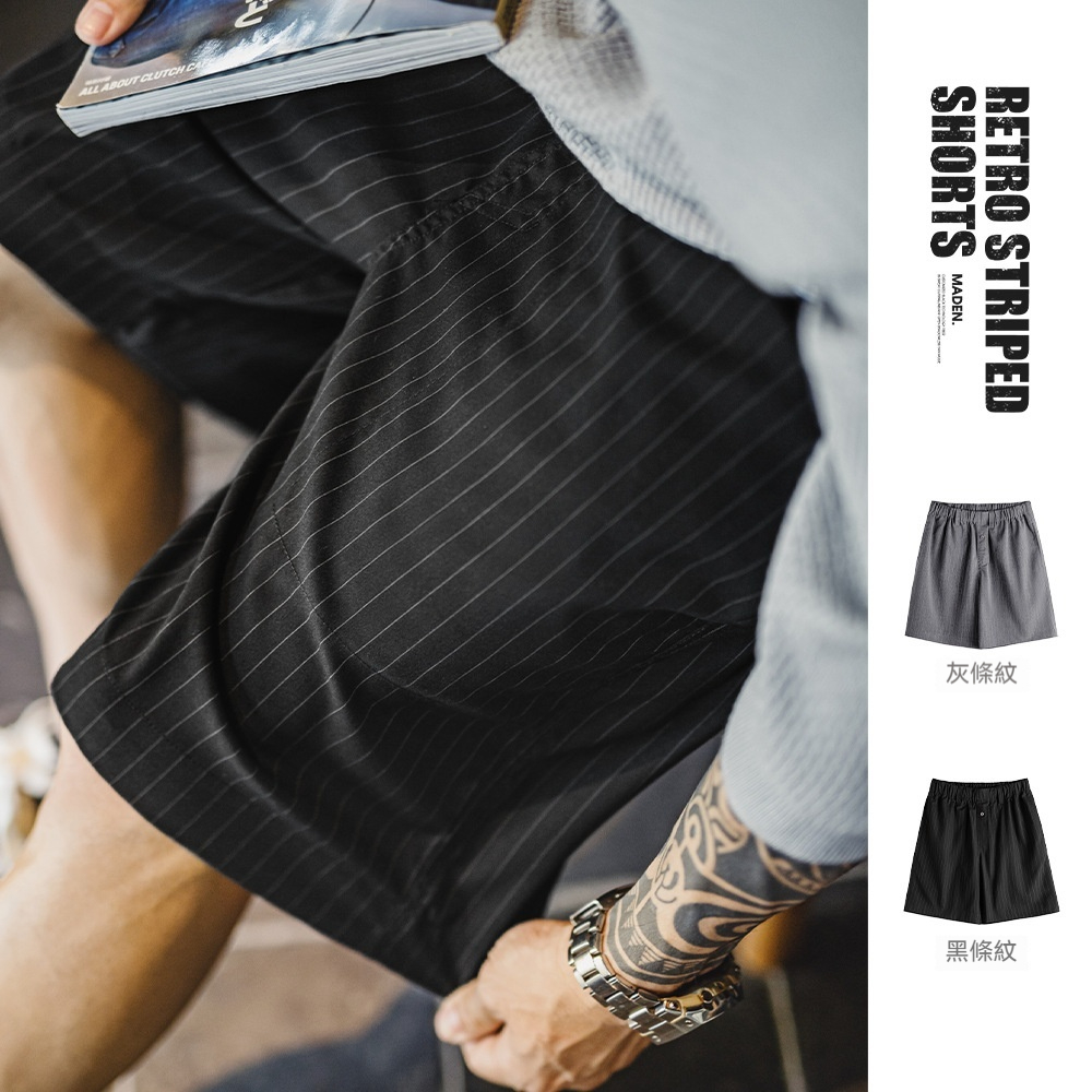 馬登工裝 日系豎條紋西裝短褲Cityboy鬆緊腰直筒五分褲男夏季