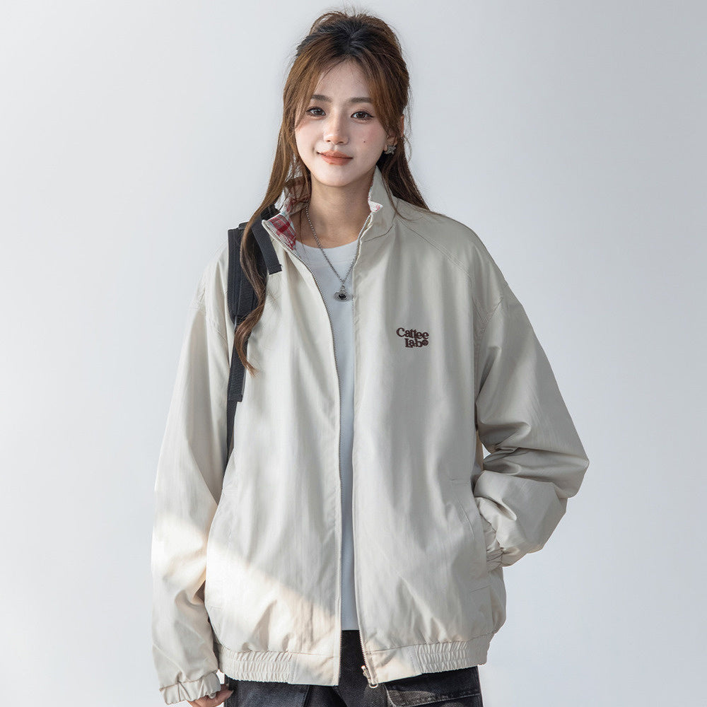 美式復古兩面穿拼接格紋外套學院風立領休閒工裝夾克