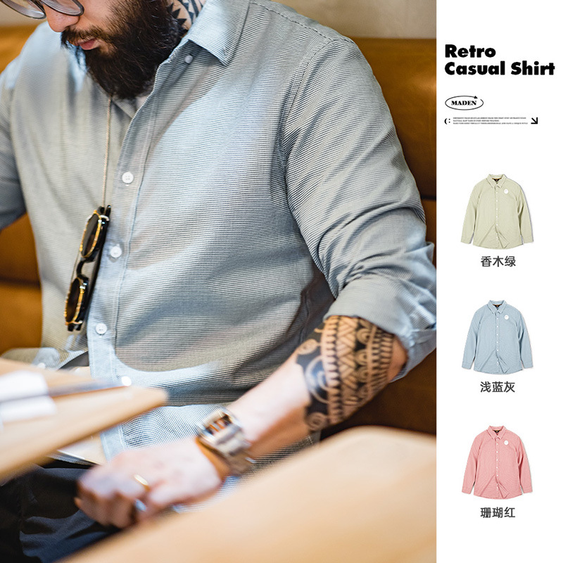 馬登工裝 美式休閒千鳥格襯衫純棉通勤商務格子長袖襯衣男