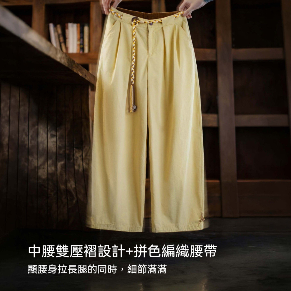 馬登女裝 老錢風薄款闊腿顯瘦寬鬆抽繩壓褶皺休閒直筒系帶長褲子女士夏