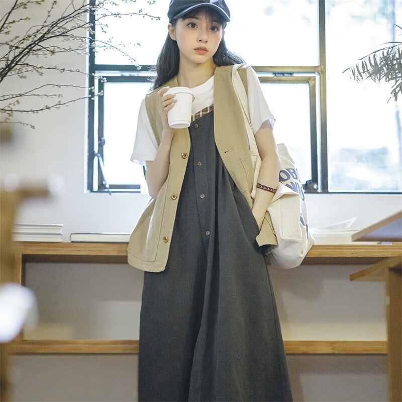 馬登女裝 復古格紋拼接背帶裙寬鬆顯瘦吊帶A字連衣長裙