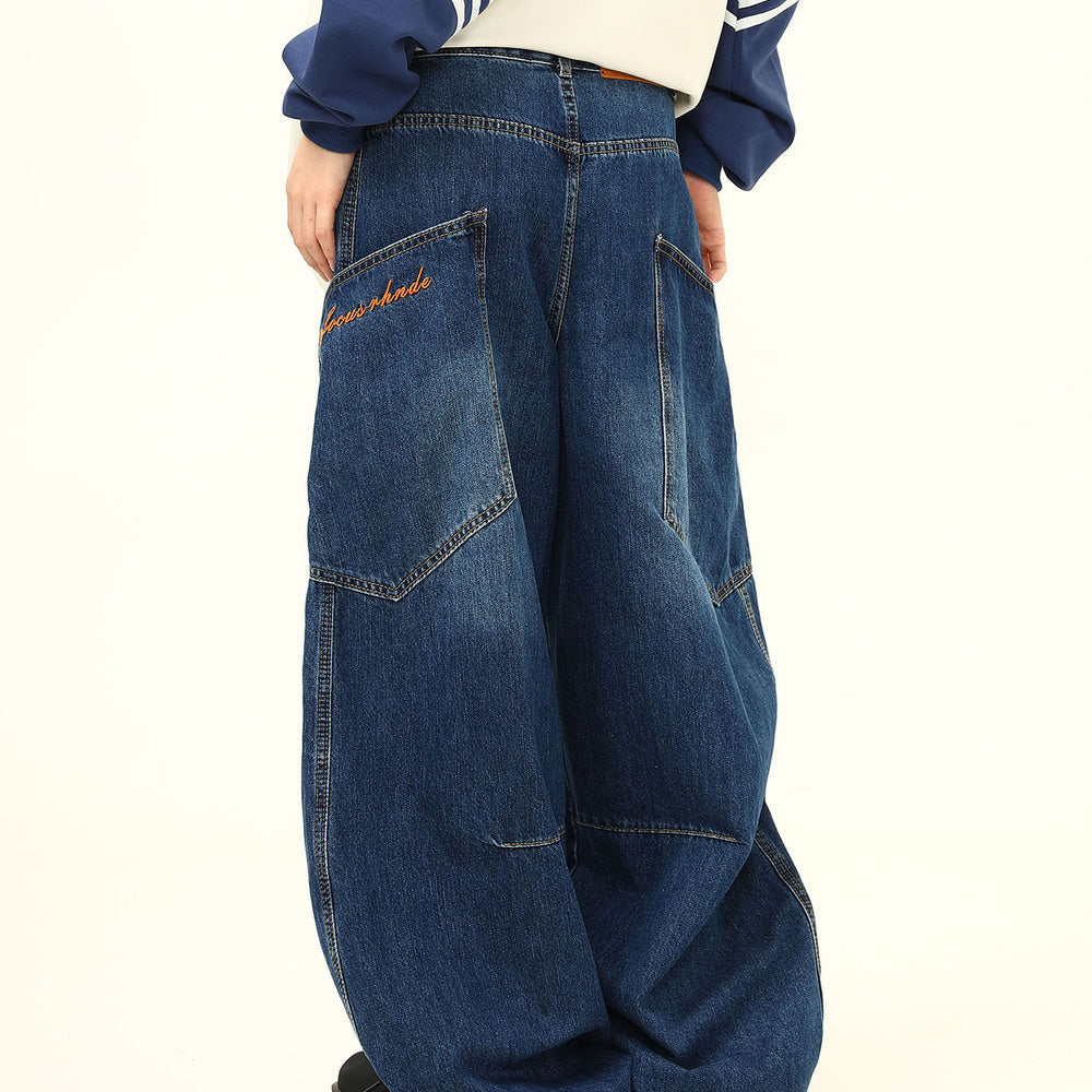 小眾設計感大口袋彎刀牛仔褲美式街頭潮牌辣妹拖地褲子