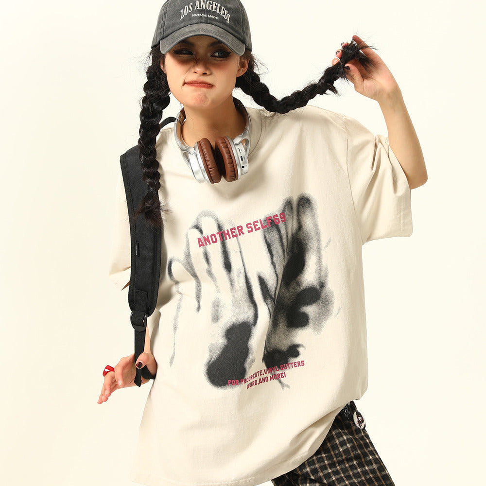 美式復古設計感印花水洗短袖T恤寬鬆情侶上衣潮