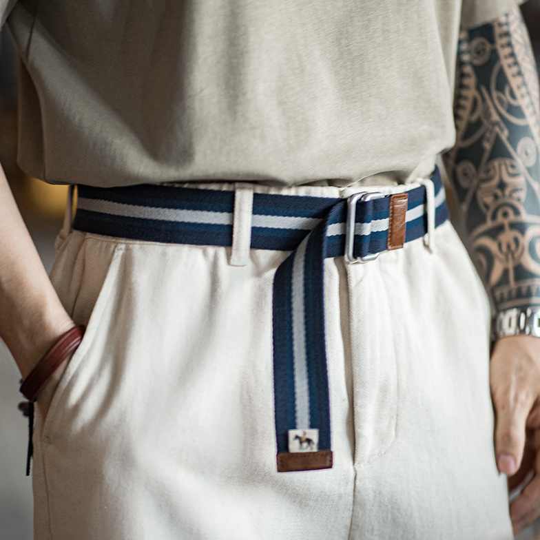 馬登工裝 復古雙環扣條紋腰帶學院風免打孔鬆緊編織帆布配飾褲帶