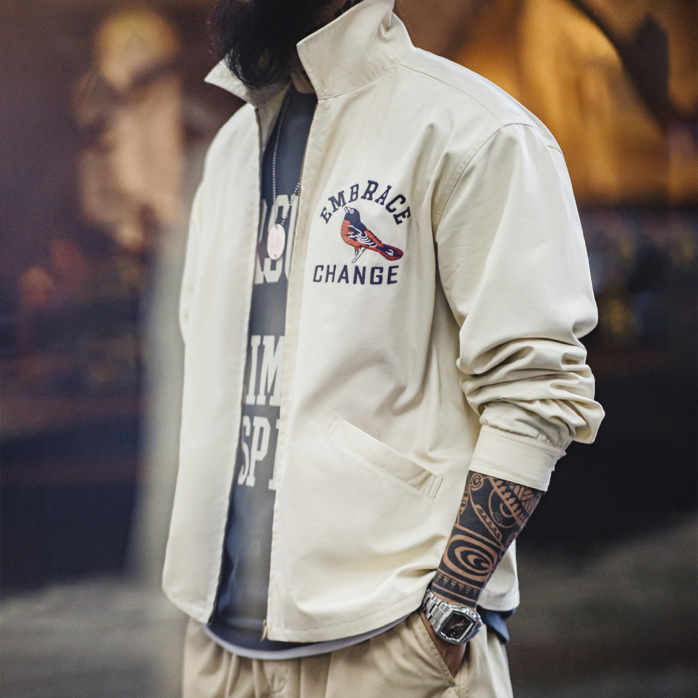 馬登工裝 美式復古刺繡教練夾克寬鬆翻領外套vintage廓形上衣男春