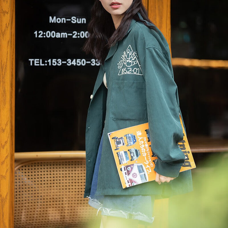 馬登女裝 美式復古磨毛刺繡桃皮絨襯衫寬鬆翻領保齡球襯衣女潮