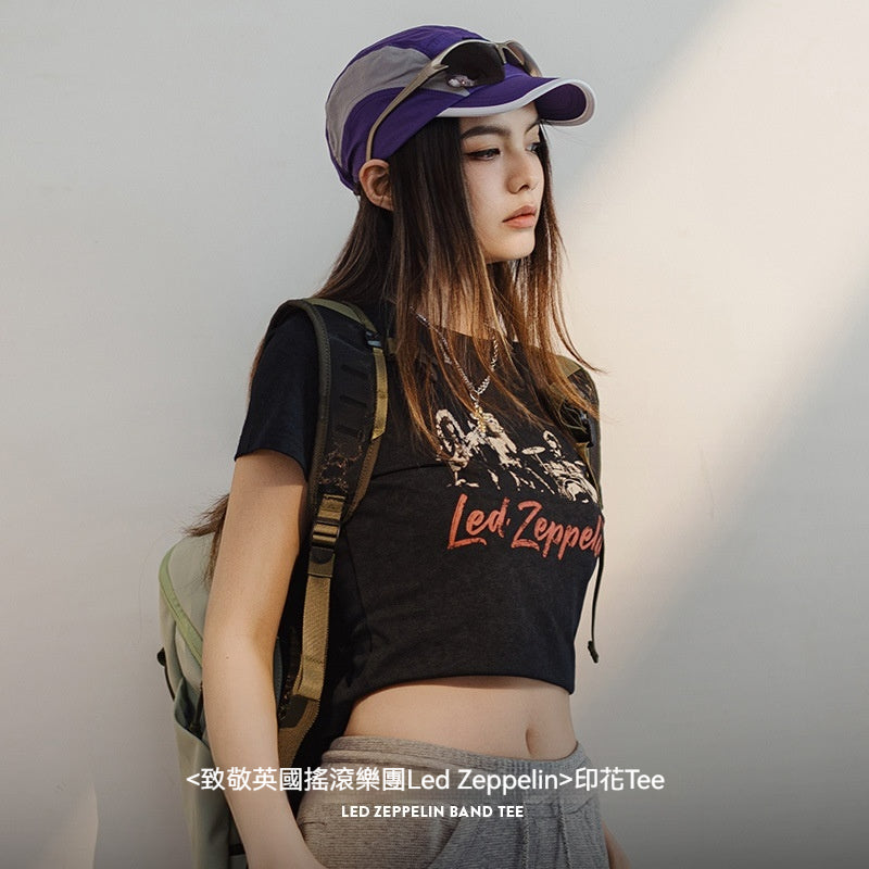 馬登女裝 美式復古圓領印花短袖修身正肩T恤辣妹短款休閒百搭上衣夏